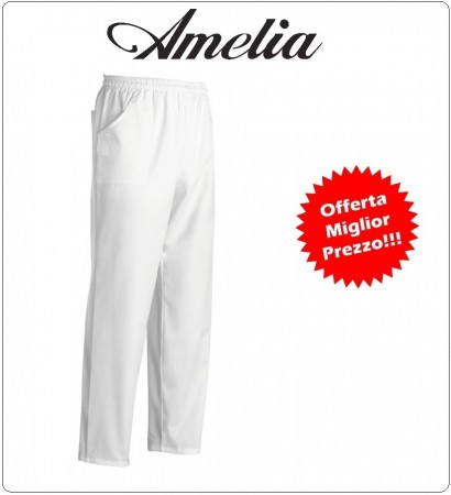 Pantalone Unisex Professionale Coulisse Cuoco Chef Bianco 100% Cotone Tinto in Filo By Amelia Primo Prezzo per Scuola Alberghiera  Art.AMELIA-4
