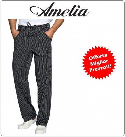 Pantalone Unisex Professionale da Cuoco Coulisse Chef Gessato Nero 100% Cotone Tinto in Filo By Amelia Primo Prezzo per Scuola Alberghiera FINE SERIE   Art.AMELIA-3