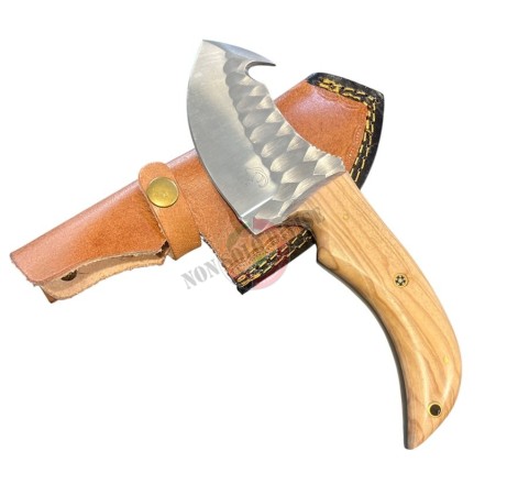 Coltello Lama Fissa con Fodero Cuoio Manico Legno Olivo Caccia Pesca Idea regalo cm 22 Maru Art. MARU-08