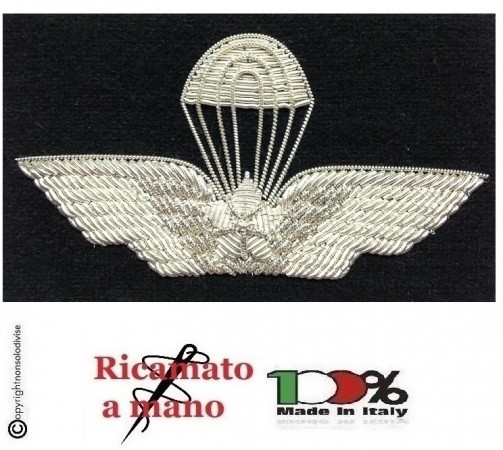 Brevetto Paracadutismo Abilitazione Lancio Ricamato a Mano Canutiglia Argento Militare Art. NSD-BREV1