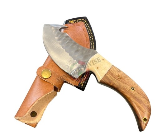 Coltello Lama Fissa con Fodero Cuoio Manico Legno Palissandro + Corno Caccia Pesca Idea regalo cm 22 Maru Art. MARU-09