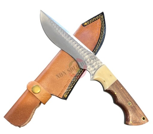 Coltello Lama Fissa con Fodero Cuoio Manico Legno Palissandro + Corno Caccia Pesca Idea regalo cm 28 Maru Art. MARU-06
