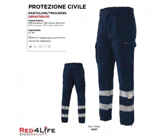 Pantalone Professionale Certificato Alta visibilità EN471 Classe 2 Soccorso Sanitario Protezione Civile RED4LIFE Siggi Art. 08PA0769