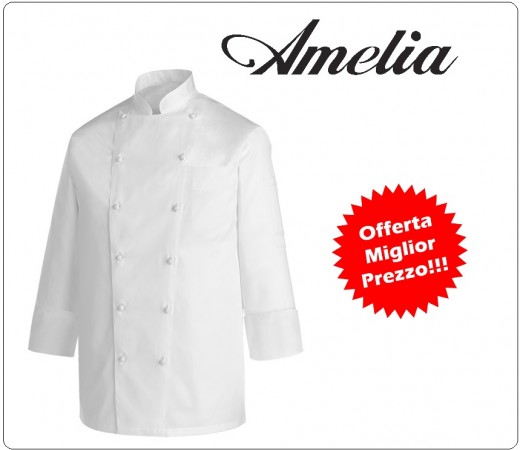 Giacca Professionale Unisex Cuoco Chef Bianca Modello 100% Cotone Gabardine By Amelia Primo Prezzo per Scuola Alberghiera Art.AMELIA-1