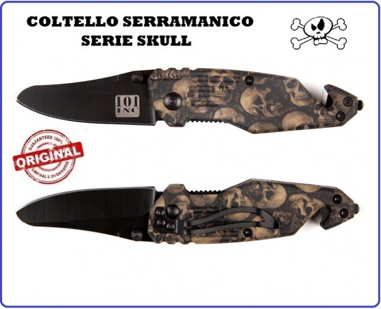 Coltello Serramanico con Rompivetro + Tagliafune Serie Skull Teschi Panna INC 101 Art.457403