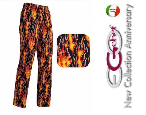 Pantalone Pants Hose Culisse Cuoco Chef Professionale Ego Chef Italia Flames Fiamme Inferno Art.3502110A