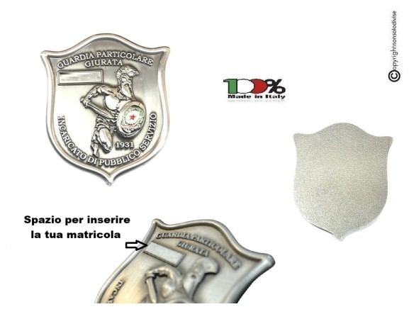 Placca Senza Clip G.P.G I.P.S GLADIATORE® Guardia Particolare Giurata Incaricato di Pubblico Servizio New Art. SUMI-GLD-1