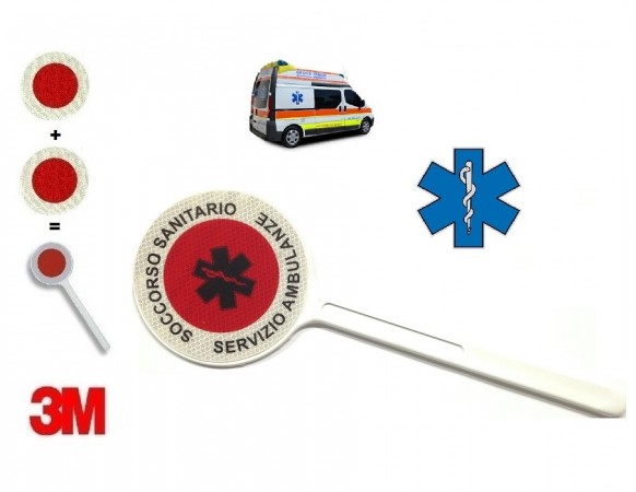 Paletta Segnaletica Professionale 3M Ambo le Parti Rosse Soccorso Sanitario Croce Esculapio Servizio Ambulanze Art. NSD-PALESCSA