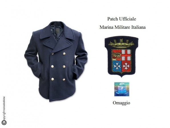 Giacca Giaccone Cappotto Marina Marinaio Vintage Navy Pea Coat Marine Army Blu Bottoni Oro + Patch Ricamata Logo Marina Militare Italiana Originale  Art.CAP-MAR