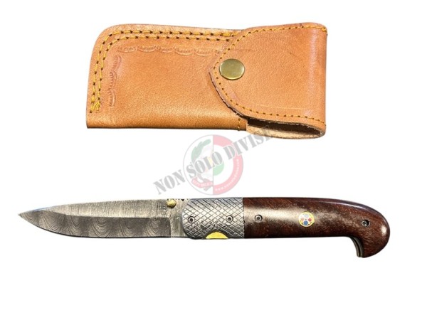 Coltello Serramanico Artigianale in Acciaio Vero Damasco Manico Vero Coccobolo con Fodero Cuoio Maru Art. DM02