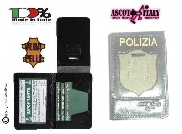Portafoglio Porta Placca Vera Pelle Portadocumenti Polizia di Stato con Stampa POLIZIA PS Ascot Italia New LIBERA VENDITA Art. 600PS-02
