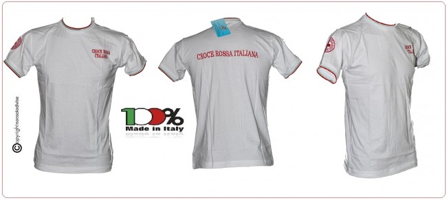 T-shirt Girocollo Manica Corta Italia Bianca Tricolore Italia con Ricami Croce Rossa Italiana CRI C.R.I. Art. CRI-TRI-B