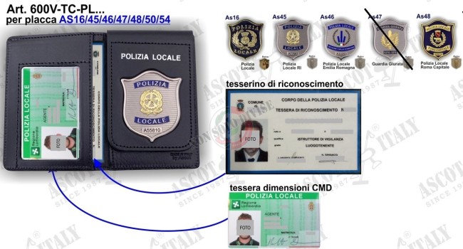 Portafoglio Portadocumenti Pelle Doppia Tasca Nuovo con Placca POLIZIA LOCALE  VENDITA RISERVATA Ascot  Art. 600V-TC-PL