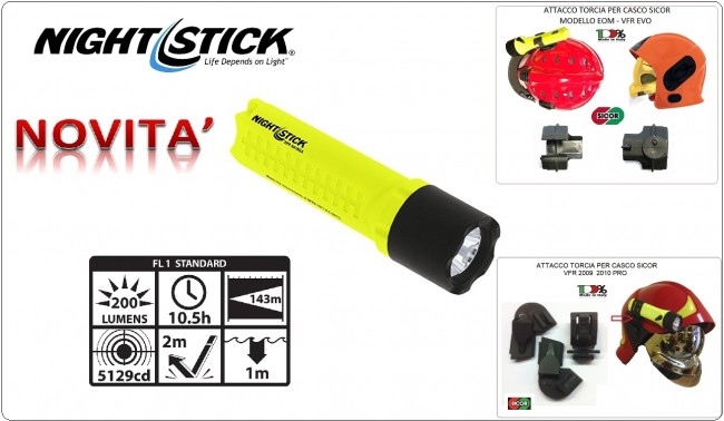 Torcia Led NGHT STICK 143 metri 200 lm Nuova Certificata per Vigili del Fuoco Night Stick con Attacchi Torcia per Casco Sicor VFR 2000 e EVO Art. 5490003000