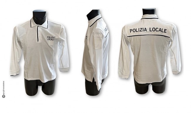 Polo Bianca Manica Lunga Unisex Bordi Scuri Nuovo Modello Unificato Italia POLIZIA LOCALE VENDITA RISERVATA Art. NSD-POLO-PL-BL