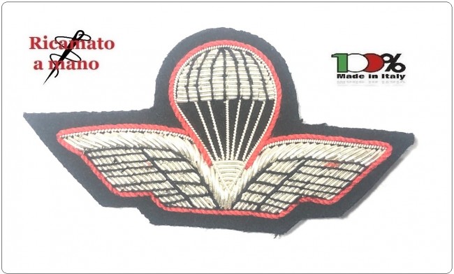 Brevetto Paracadutismo Abilitazione Lancio Sagomato Ricamato a Mano Canutiglia Argento Bordo Rosso con Civile Carabinieri Art.NSD-SAGO-3