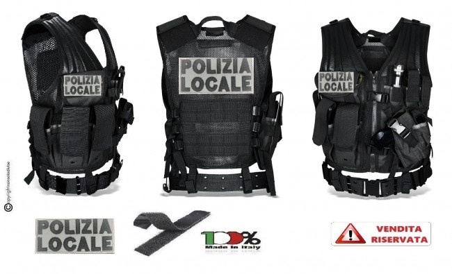 Tactical Vest Gilet Tattico Modulare Corpetto Tattico Mil-Tec Nero con Ricami Rifrangenti Alta Visibilità POLIZIA LOCALE VENDITA RISERVATA Art.10720002-XXX