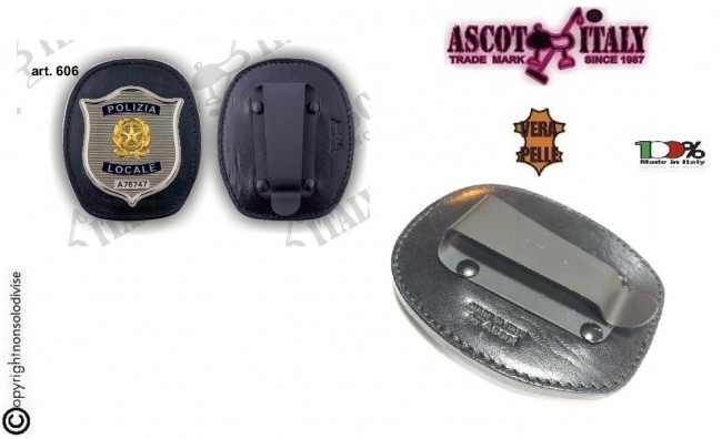 Placca Da Cintura in Cuoio con Clip in Metallo Placca Polizia locale RI Staccabile o Fissa  New Ascot Italia Art. 606AS45