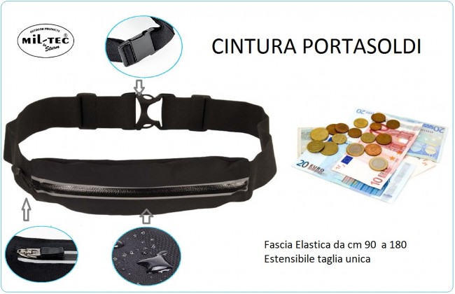 Cintura Porta Soldi Portasoldi Money Belt Lycra® Denaro Cintura Colore Nero MILTEC Art.15860202