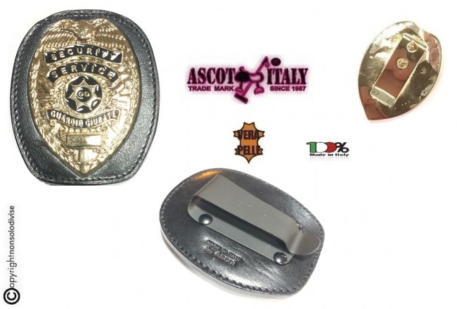 Placca Da Cintura in Cuoio con Clip in Metallo Placca Security Service Guardie Giurate Staccabile New Ascot Italia Art. 606AS23
