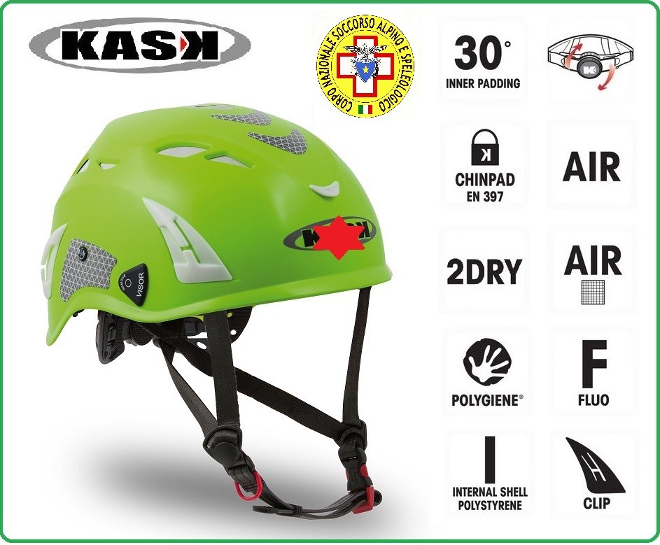 Casco Protezione Verde PLASMA HI VIZ KASK ITALIA Soccorso Alpino e  Speleologico Art.WHE00009-SAS
