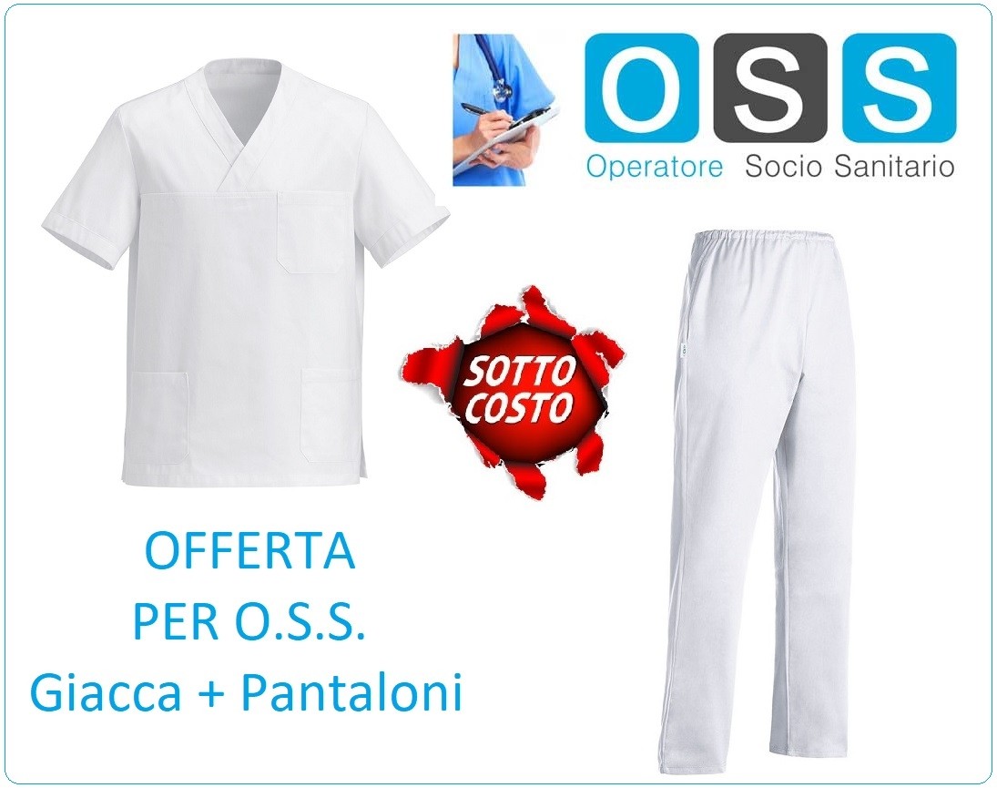 Completo Casacca Giacca + Pantaloni Bianca Offerta Sottocosto per Operatori  Socio Sanitari OSS Art.550001A-AMELIA GIACCA LEONARDO BIANCA RAVAZOLO PANTALONI  BIANCHI AMELIA