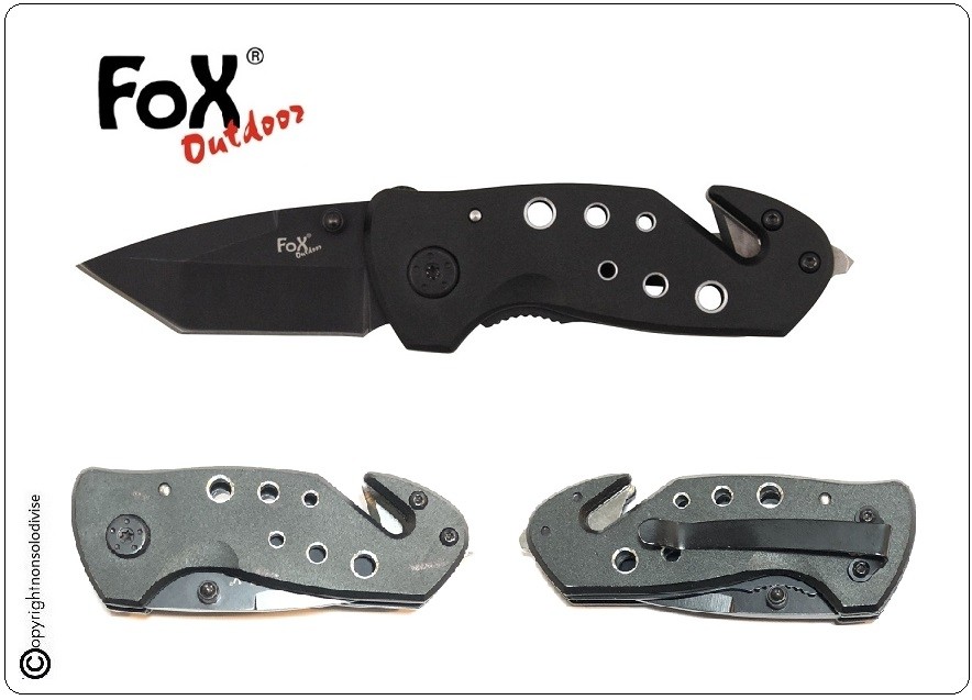 Coltello Serramanico per Protezione civile Soccorso con Taglia Cintura e  Rompi Vetro Fox Outdoor Art.45819 schwarzes Einhand Klappmesser schwarze  Klinge Liner-Lock Arretierung Aufreißhaken und Glasbrecher am Griffende  Gürtelclip Länge ausgeklappt: ca. 15