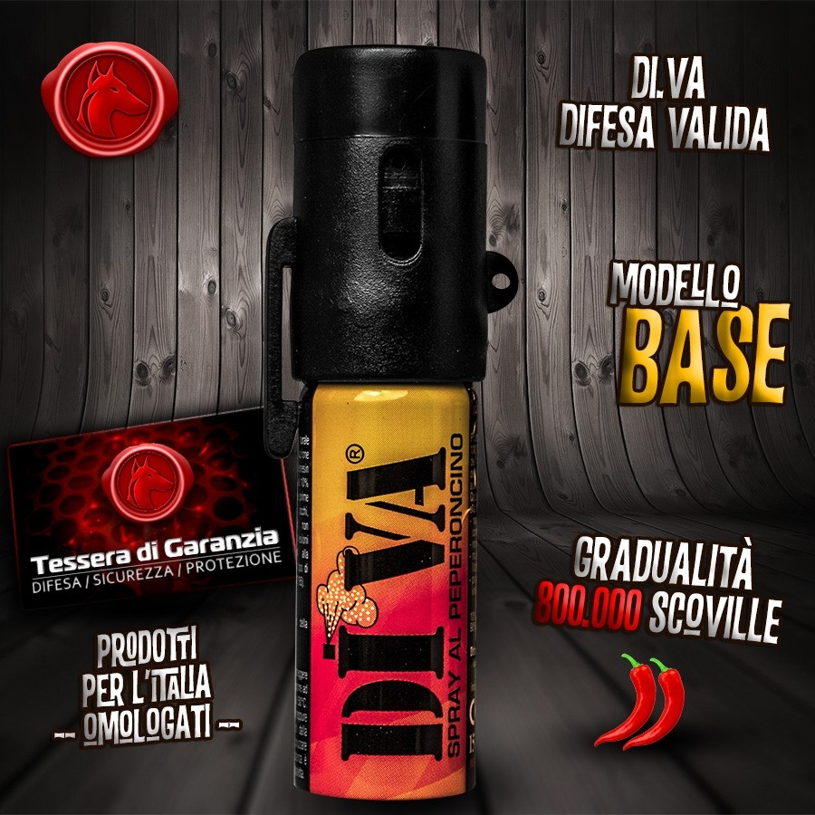 Spray Peperoncino Novità DI.VA. Base Potentissimo Defend Sistem Libera  Vendita NERO Art. 99900 SPRAY AL PEPERONCINO DI.VA. Base • Bomboletta da 15  ml. per la difesa personale. • Libera vendita maggiori di