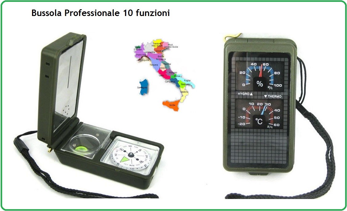 Bussola 10 Funzioni Art.15799700 - Misura la temperatura - Misura l'umidità  - Mirino ottico - Lente di ingrandimento - Righello - Compass - Pitch  determinazione - LED - Fire Starter - Fischietto