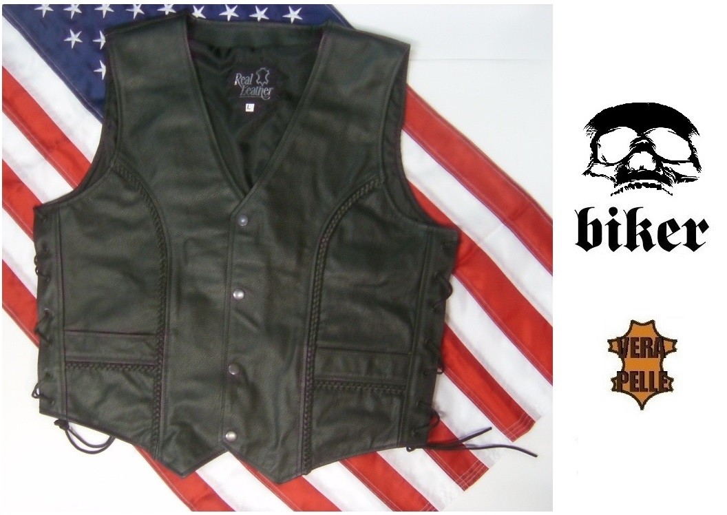 Gilet biker pelle tipo harley davidson ottimo per patch Art.01064  Bellissimo gilet in resistentissima pelle bovina con fodera di raso  all'interno, decorata con delle bellissime trecce ,ottimo per l'estate e per  l'inverno, ,