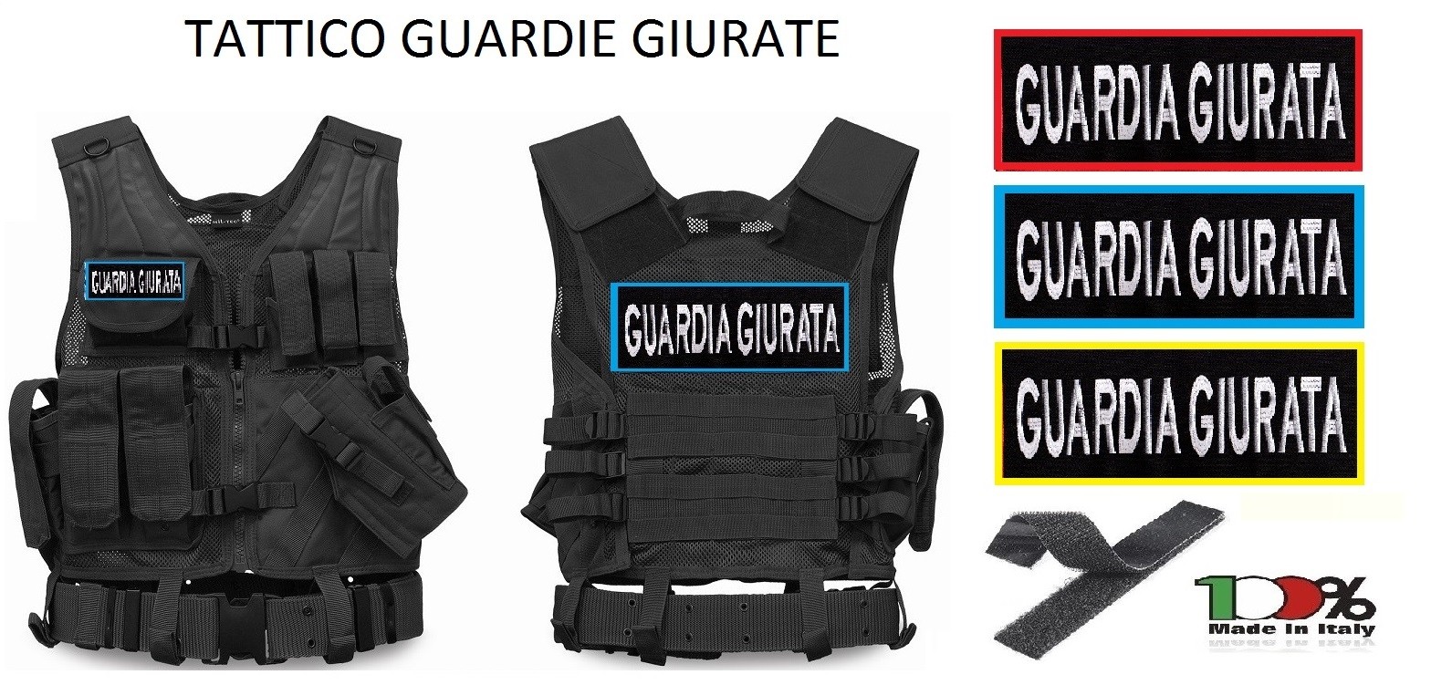 Tactical Vest Gilet Tattico Modulare Corpetto Tattico Mil-Tec Nero GUARDIE  GIURATE - Rosso - Verde - Blu Art.10720002-GG - Toppe Ricamate Removibili a  Velcro Grande Schiena Piccola Petto - 100% Poliestere Cordura