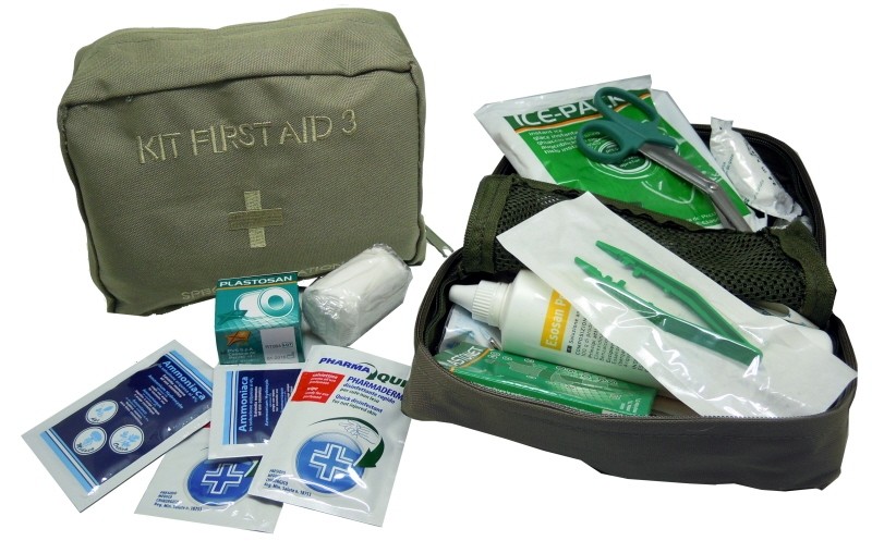 Kit Medico di Primo Soccorso Kit First Aid 3 Verde OD Esercito Marina  Aeronautica Emergenza Art.01419 PCS. 1 CEROTTI PCS. 5 SPILLE PCS. 6 BEND