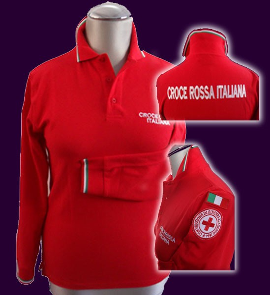Polo Rossa Manica Lunga Ricamata Croce Rossa Italiana CRI C.R.I New Capitolato 