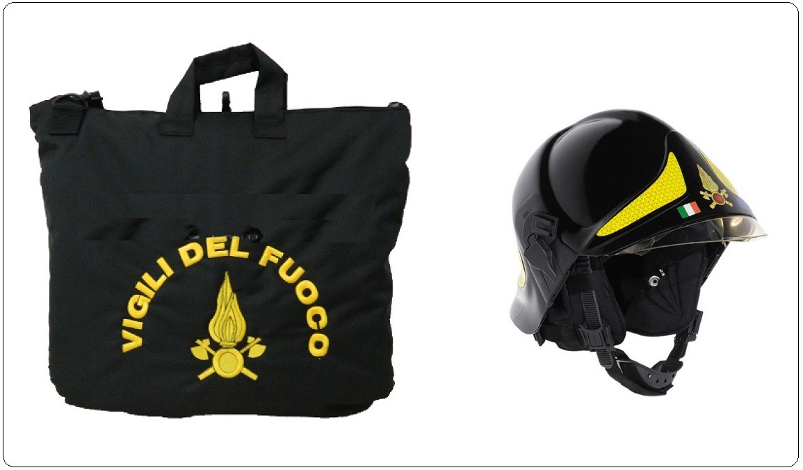 Sacca Zaino Portacasco Porta Casco Helmtasche Helmet Laptop Bag con Logo Vigili  Del Fuoco Art.BAG-VVFF Descrizione : Borsa portacasco in nylon, colore  Verde Nera Blu , chiusura superiore con cerniera. Ricamata con