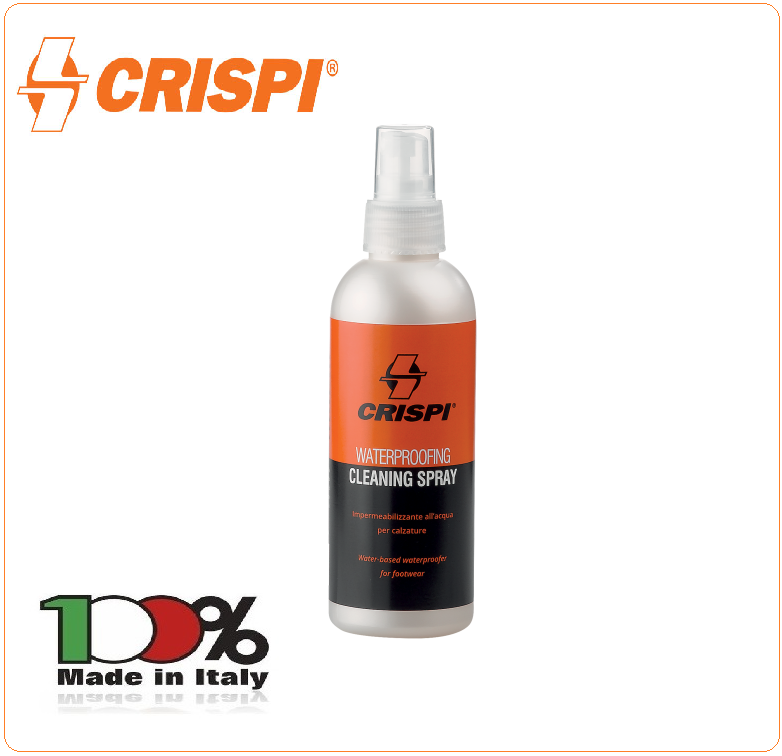 Spray Impermeabilizzante per Pelli Scamosciate, Nabuk e Tessuti  Waterproofing Cleaning CRISPI® Art.9000400 CRISPI® Waterproofing Cleaning  Spray è un oleo - impermeabilizzante per pelli scamosciate, nabuk e tessuti.  Non macchia e non altera