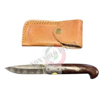 Coltello Serramanico Artigianale in Acciaio Vero Damasco Manico Vero Coccobolo con Fodero Cuoio Maru Art. DM02