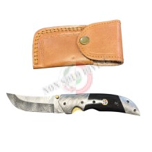 Coltello Serramanico Artigianale in Acciaio Vero Damasco Manico Vero Corno Muflone con Fodero Cuoio Maru Art. DM03