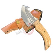 Coltello Lama Fissa con Fodero Cuoio Manico Legno Olivo Caccia Pesca Idea regalo cm 22 Maru Art. MARU-08