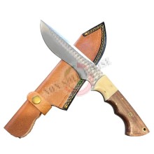 Coltello Lama Fissa con Fodero Cuoio Manico Legno Palissandro + Corno Caccia Pesca Idea regalo cm 28 Maru Art. MARU-06