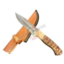 Coltello Lama Fissa con Fodero Cuoio Manico Legno Ondulato  Palissandro + Corno Caccia Pesca Idea regalo cm 28 Maru Art. MARU-10